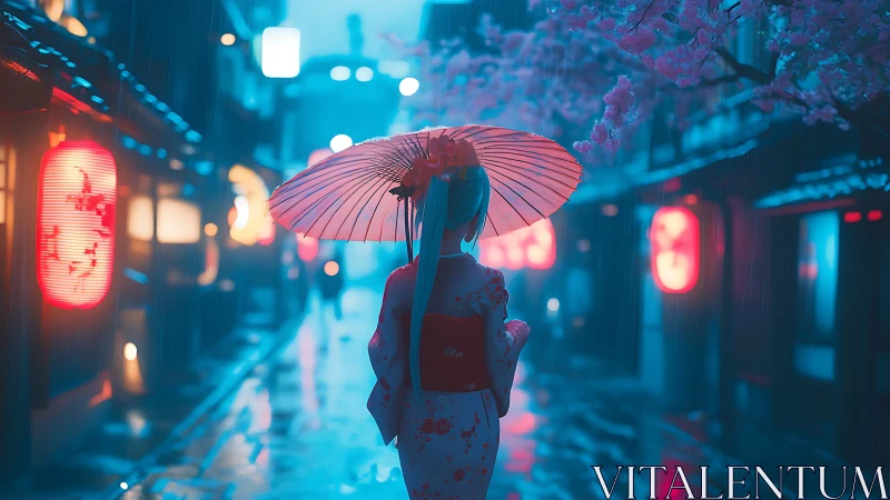 Rainy evening stroll glows with lantern light and quiet grace