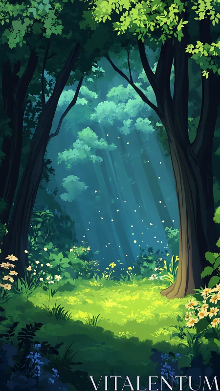 Enchanted Forest Clearing with Bioluminescent Particles and Towering Trees