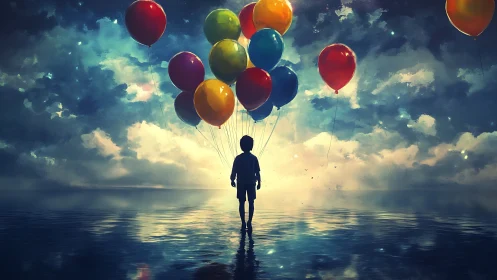 Silhouetted child with balloons over reflective water.