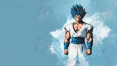 Blue-haired anime warrior on textured cyan backdrop.