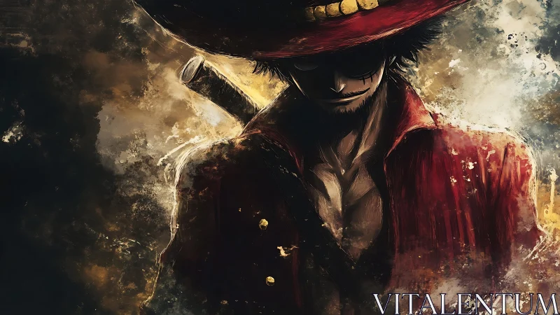 Sword-bearing pirate stands in shadowed, fiery haze