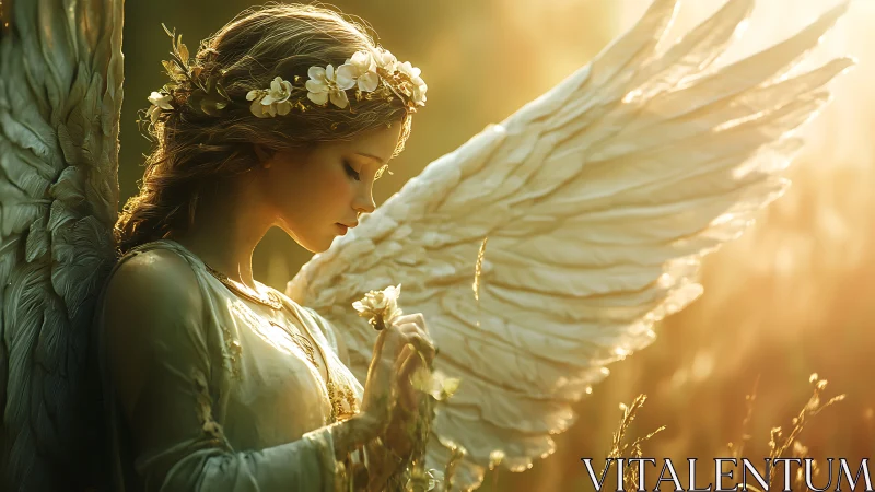 Golden hour angel with white wings holding wildflower.
