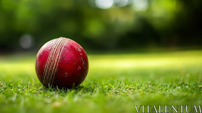 Red cricket ball resting on lush green grass field.