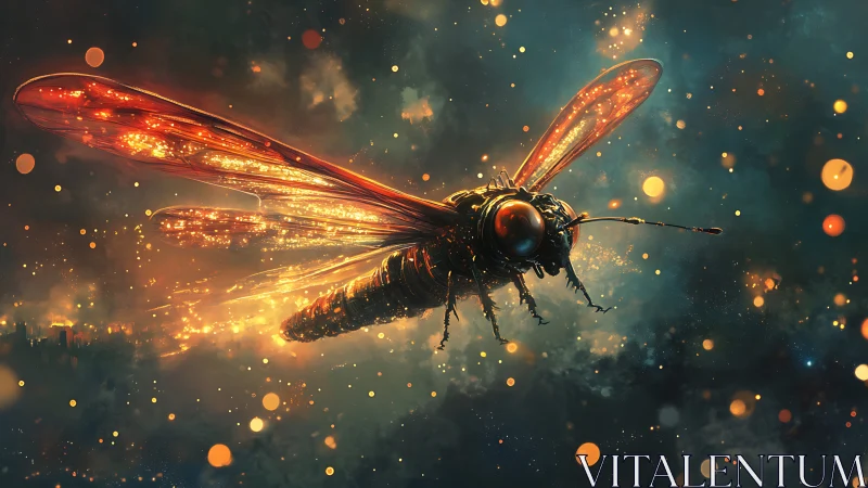 Cybernetic firefly construct in luminous nebula field.