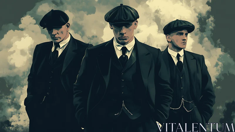 Triadic portrait of suited men in stylized low-key digital rendering