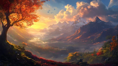 Sunlit autumn valley under towering snowcapped peaks.