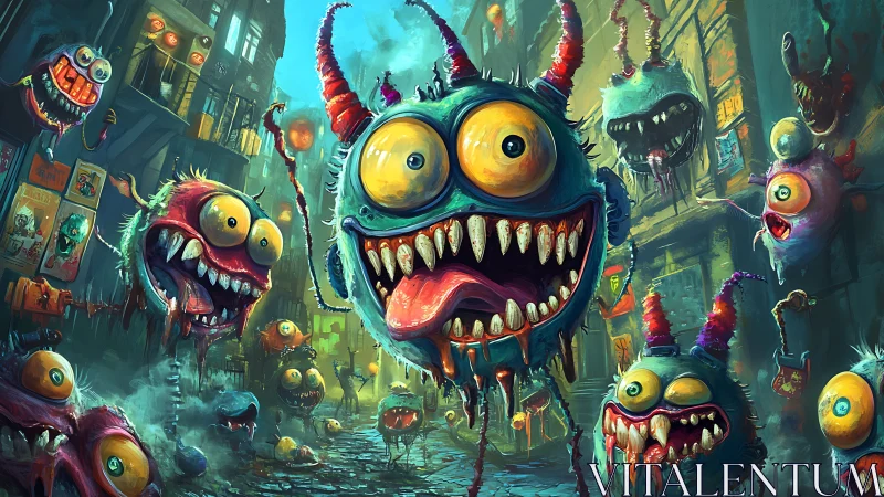 Playful street full of wild, wide eyed cartoon monsters.