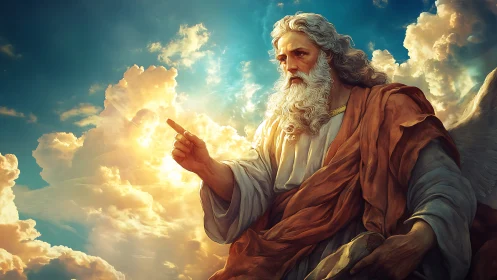 Majestic bearded deity commands light across radiant skies