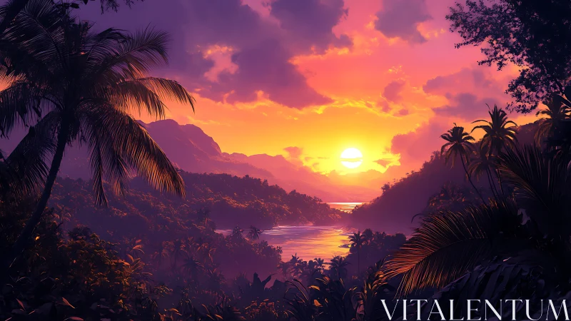 Sunset over dense tropical valley and reflective river scene.