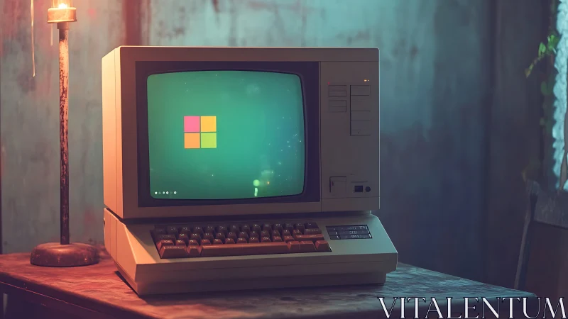 Retro desktop computer sits on wooden desk beside lamp