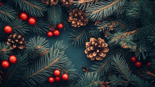 Photorealistic evergreen wreath with berries and pinecones arrangement.