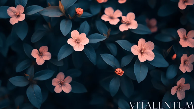 Coral Flowers Bloom Among Deep Teal Foliage in Garden