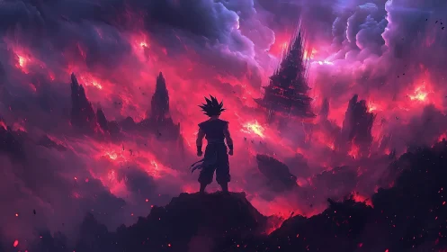 Lone warrior confronting burning citadel in storm clouds.