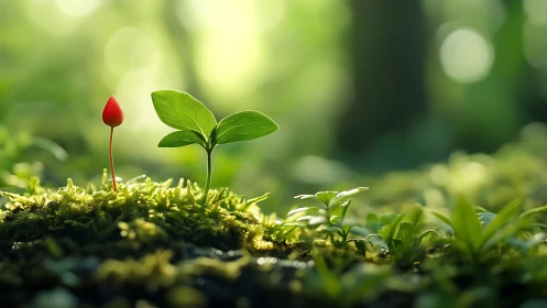 Tiny red mushroom and young green plant in sunlit forest scene.