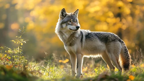 Gray wolf standing in sunlit autumn forest clearing.