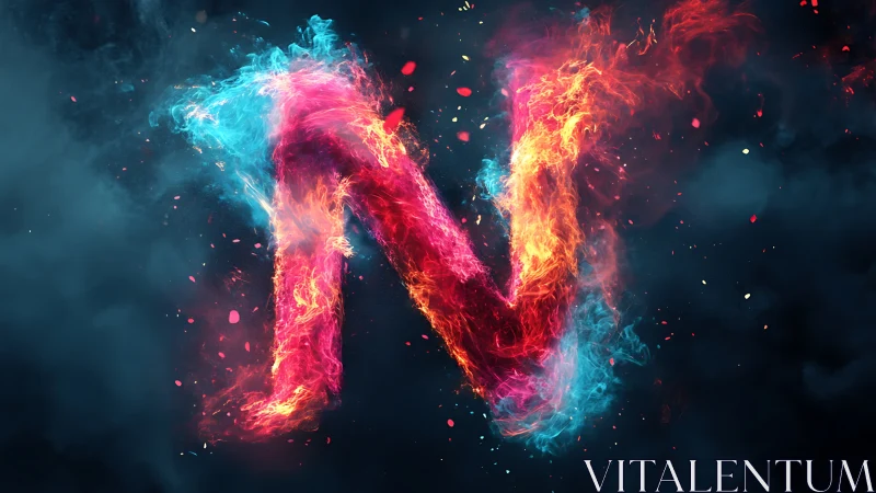 Flaming neon letter N ignites against a dark smoky void