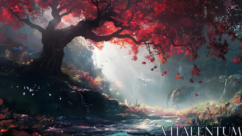 Ancient crimson tree shelters a misty, enchanted glade.