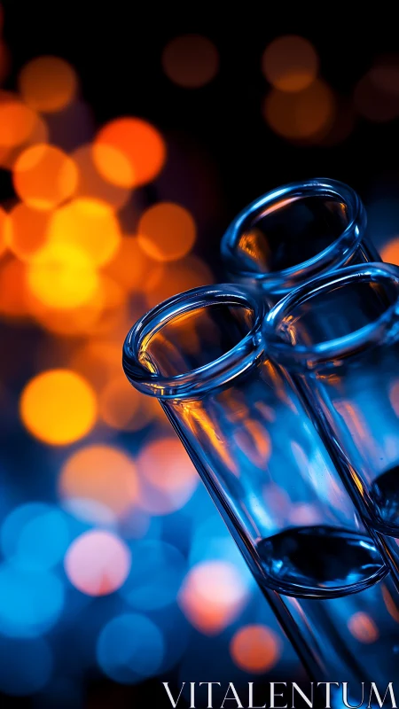 Backlit glass test tubes isolate against bokeh laboratory lights