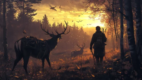 Hunter and elk caravan crossing golden autumn forest path.