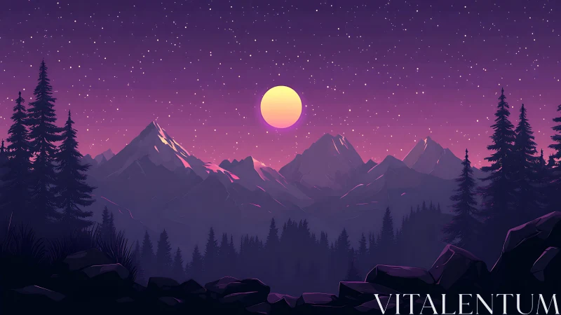 Violet dusk mountain skyline under glowing full moon.