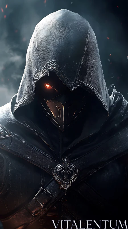 Hooded cyber assassin emerges from the burning shadows