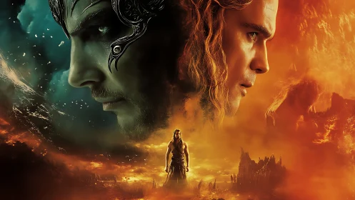 Epic warrior stands between fire and storm in a tense clash