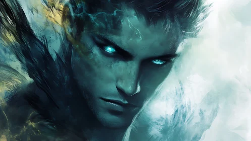 Close-up digital portrait shows glowing-eyed male figure