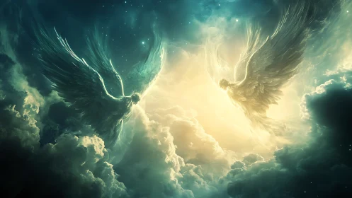 Celestial duel of radiant angels amid stormlit heavens.