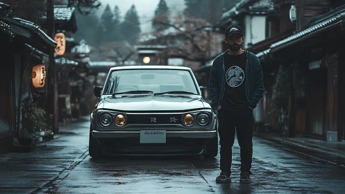 Man with vintage Skyline GT-R on wet street in misty Japan