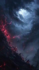 Stormlit abyssal sky churns above climbing infernal silhouettes