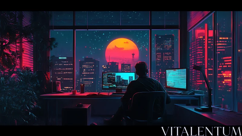 Night coder gazes at neon city skyline under glowing moon