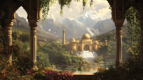Golden cascade citadel beneath misty sapphire mountains.