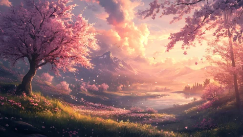 Blossom-lit valley dreaming under peach-gold evening skies.