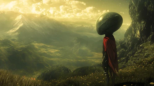 Helmeted wanderer listens to a golden valley’s silent symphony