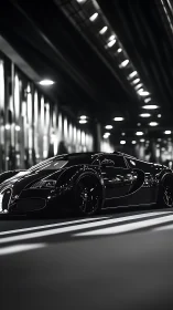 Sleek black hypercar glides through illuminated tunnel at night.