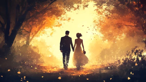 Silhouetted couple walks into radiant autumn woodland light