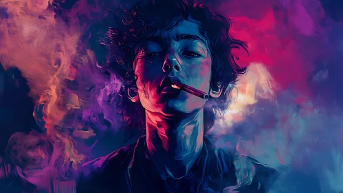 Moody neon portrait shows defiant smoker in swirling smoke
