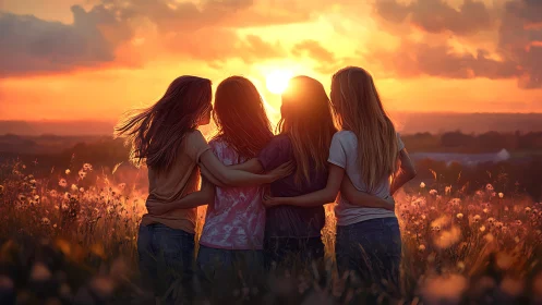 Four Friends Embracing at Sunset in a Lush Meadow, Impressionist Style.