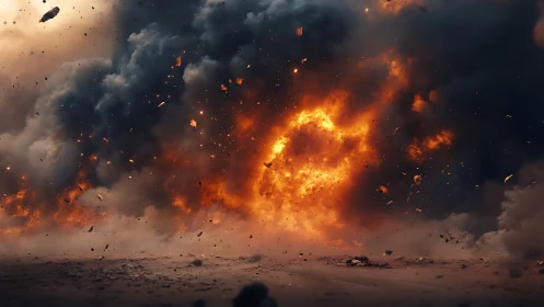 Massive Explosion with Debris and Dark Smoke Clouds.