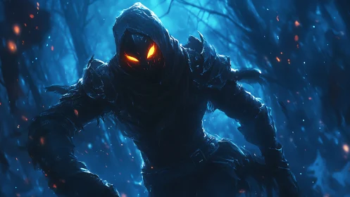 Hooded dark figure with glowing eyes advances in blue forest