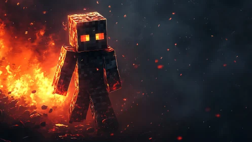 Voxel inferno entity traversing particulate firefield.