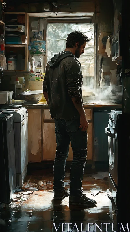 Solitary man in backlit kitchen with atmospheric steam.
