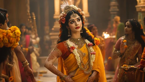 Temple-bloomed goddess muse in marigold-drenched splendor.