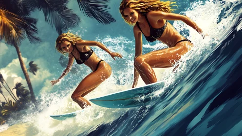 Two women surfing tropical wave near palm-lined beach.