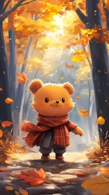 Bear in red scarf walking through bright autumn forest.