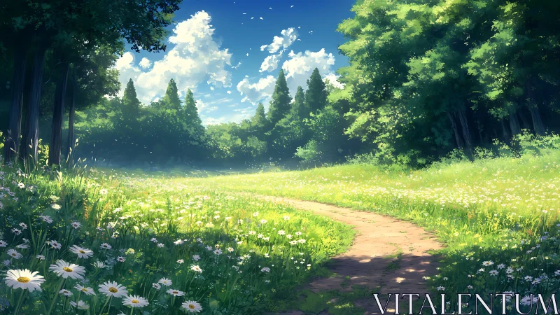 Serene Forest Meadow with Wildflowers and Peaceful Blue Sky