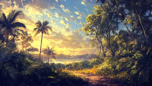 Tropical Landscape at Golden Hour with River