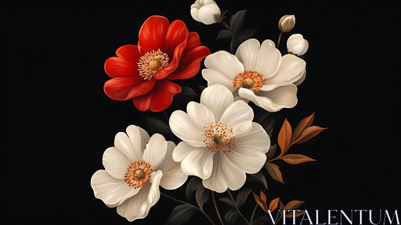 Botanical composition with crimson bloom and ivory petals.