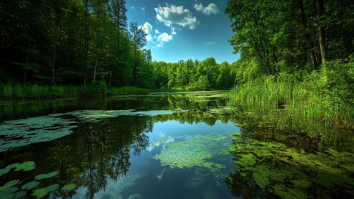 Forest pond reflects dense tree line under clear sky