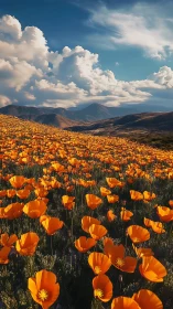 Golden poppy meadow under drifting clouds and soft mountains.